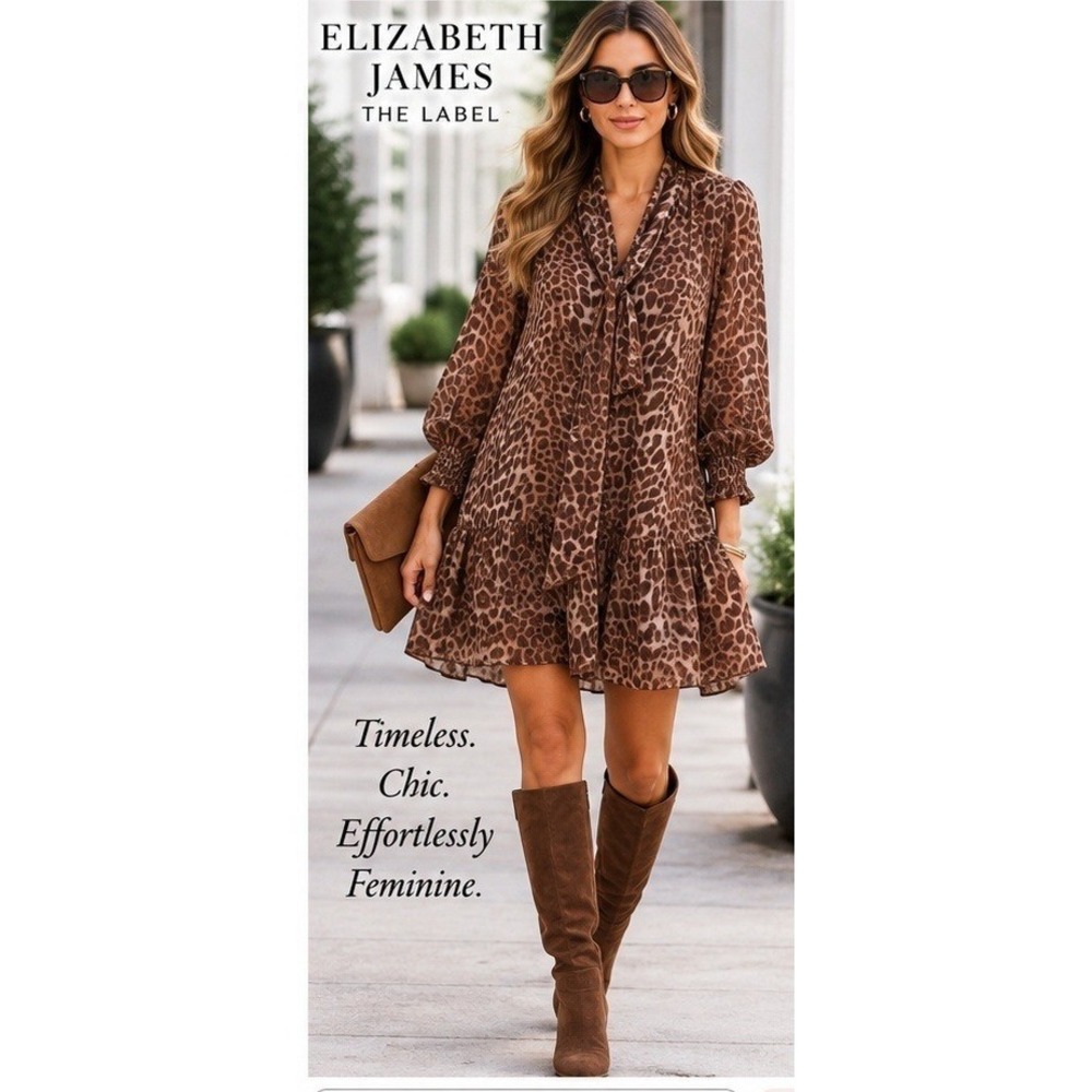 Elizabeth James Leopard Print Dress Boho Women M Tie Neck Ruffle Hem Viscose